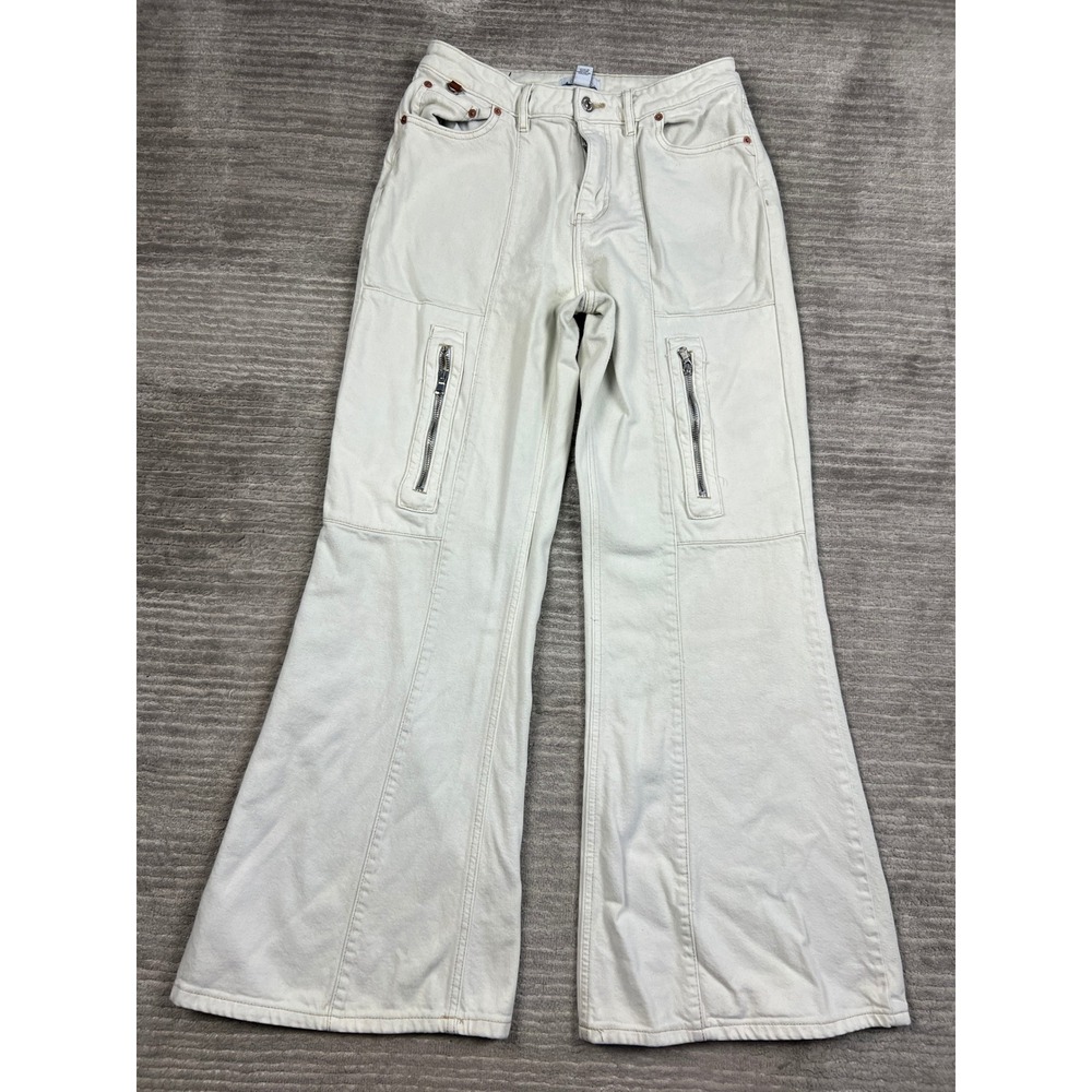 Forever 21 Cargo Jeans Womens 28 Cream Premium Wide Leg Flare Zipper Pockets